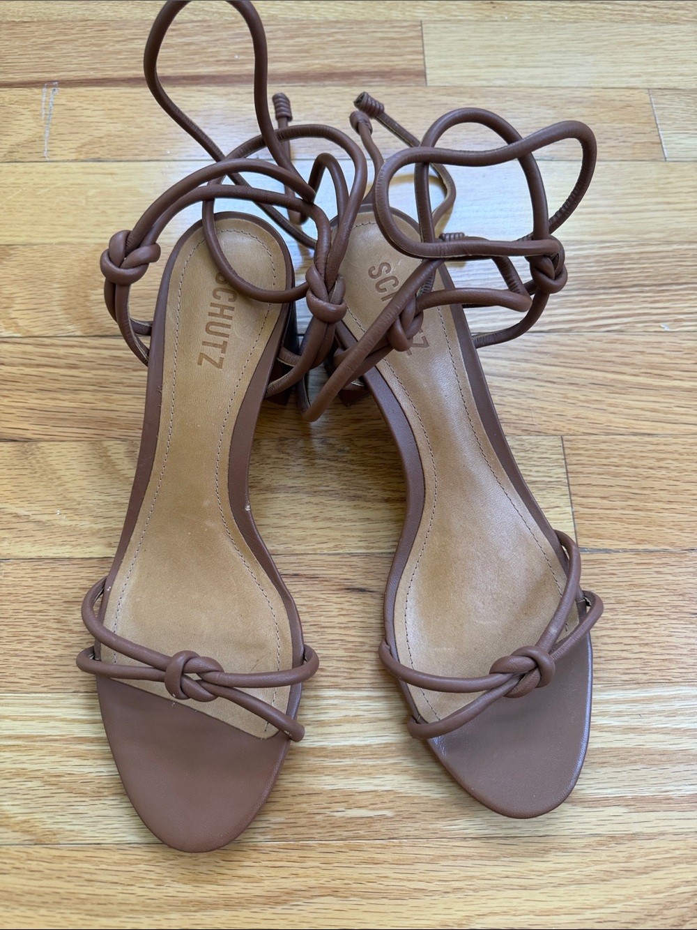 Schutz Lace-Up Block Heel Sandals – Cognac Brown – Never Worn
